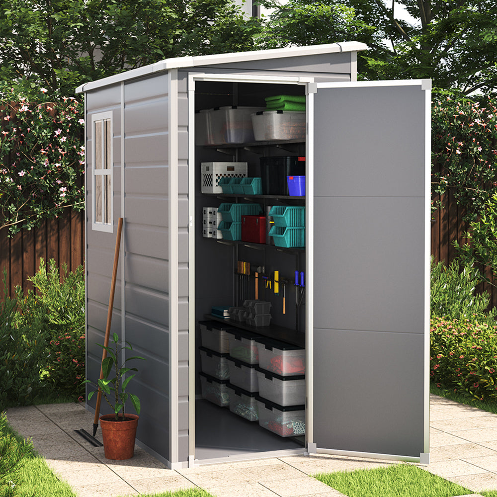 5x4ft grey plastic outdoor storage shed with sloped top for durable garden tool storage